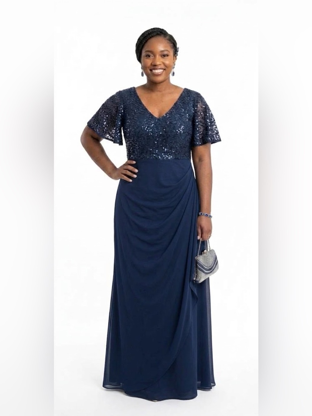 Alex Evenings Navy Blue Sequin Bodice Flutter Sleeve Long Gown Size 18 Formals